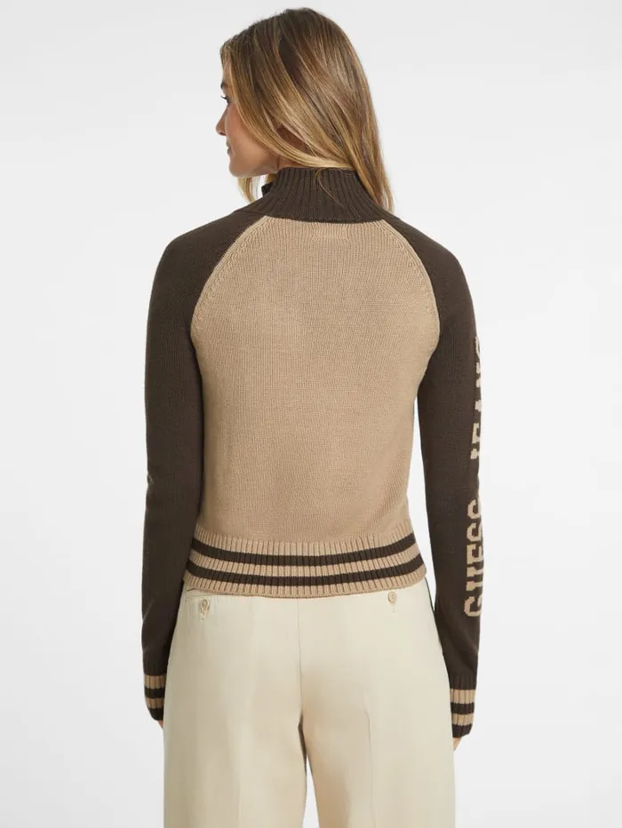 GUESS Hoodies and Sweaters WoolBlend Varsity Logo Zip Sweater Beige 8211 Women