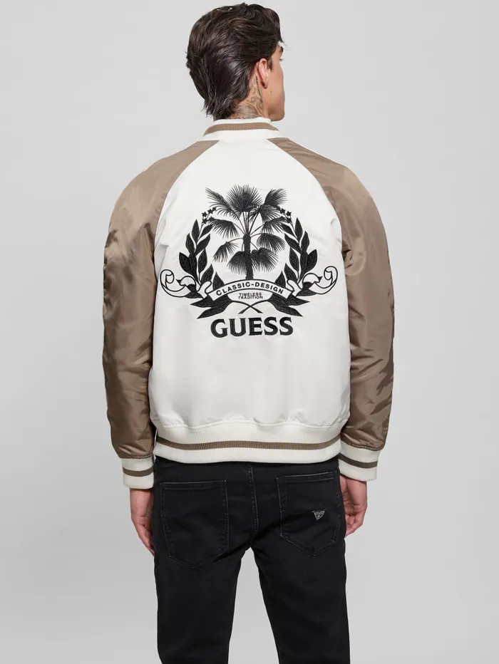 GUESS Jackets and Coats Ace Satin Palms Flight Jacket White 8211 Men