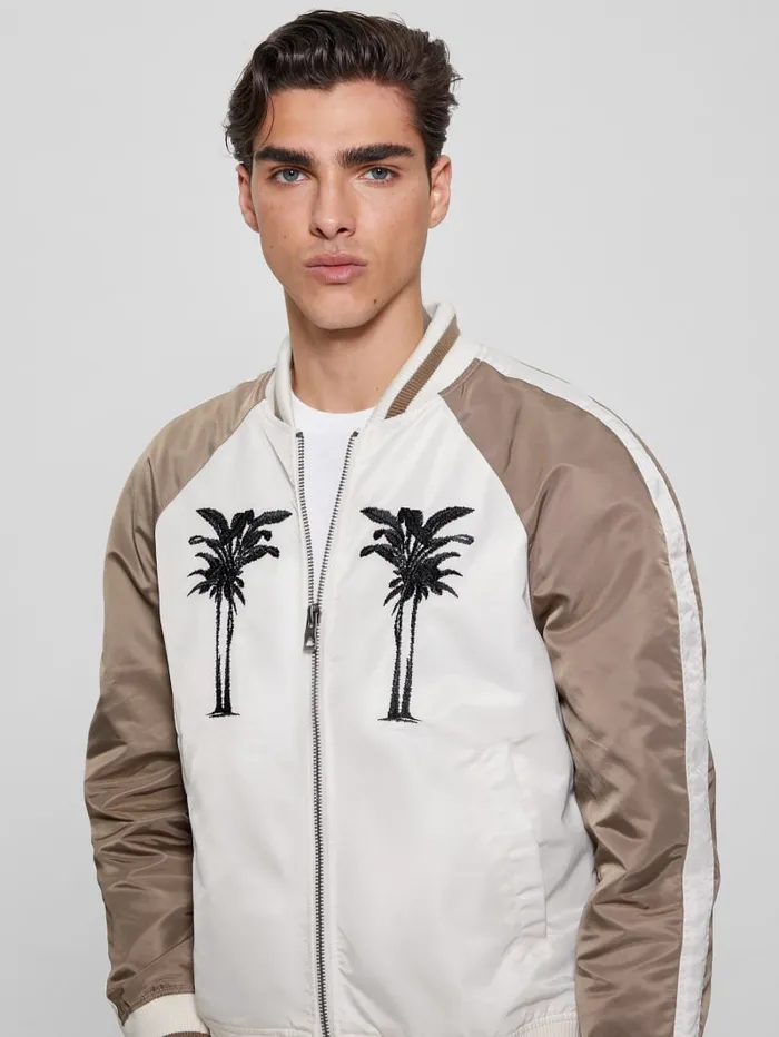 GUESS Jackets and Coats Ace Satin Palms Flight Jacket White 8211 Men