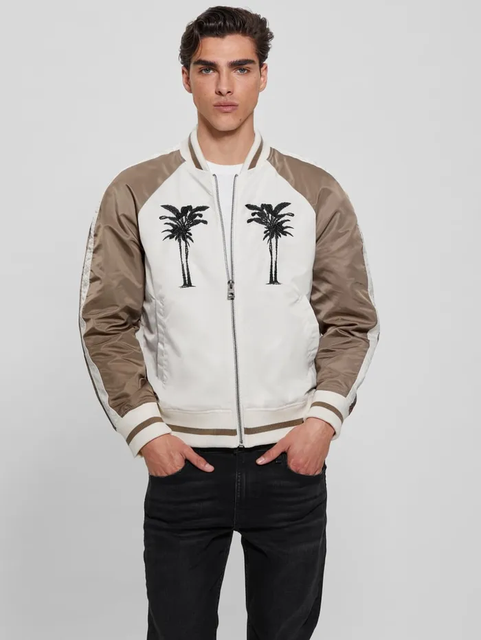 GUESS Jackets and Coats Ace Satin Palms Flight Jacket White 8211 Men