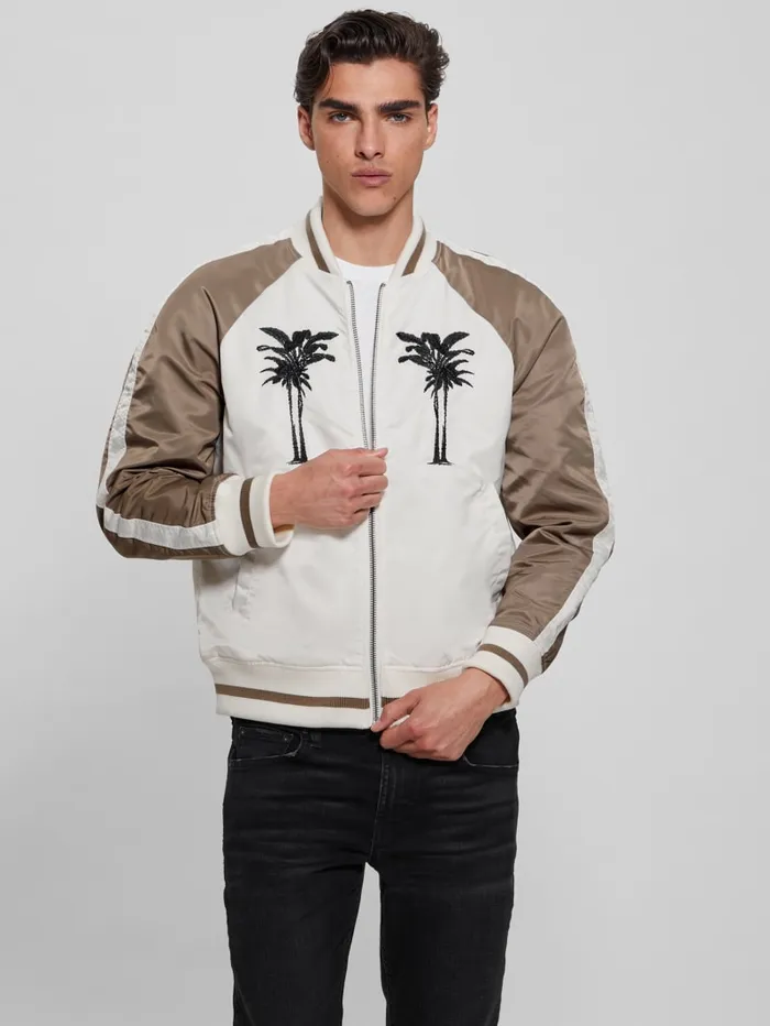 GUESS Jackets and Coats Ace Satin Palms Flight Jacket White 8211 Men