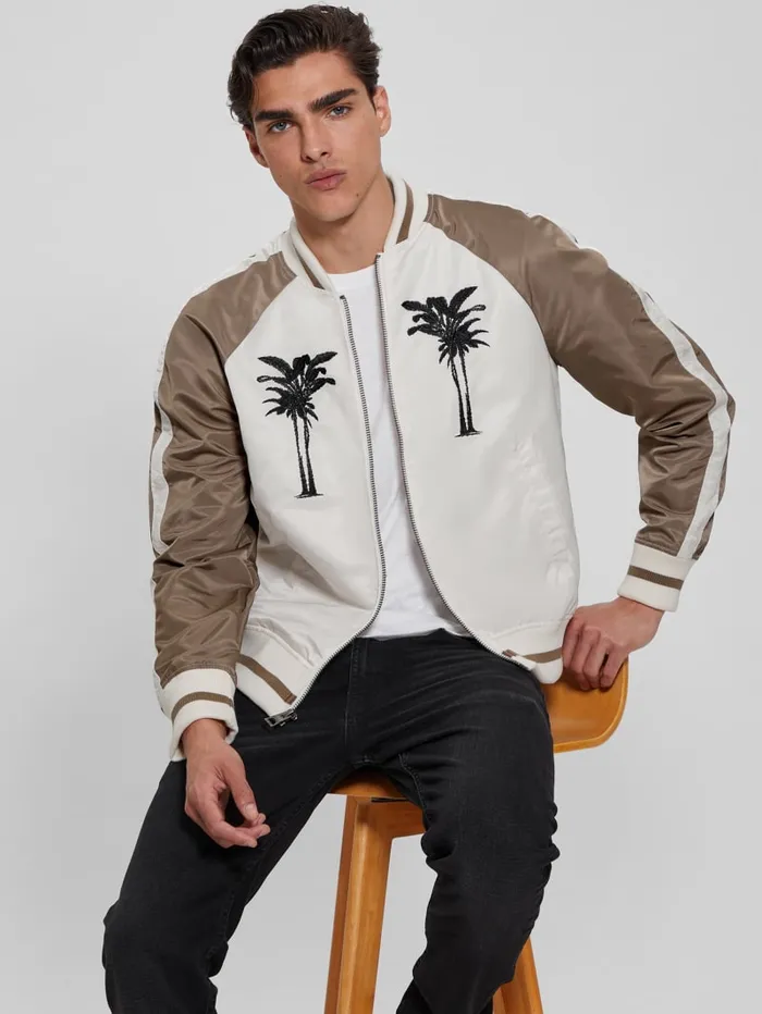 GUESS Jackets and Coats Ace Satin Palms Flight Jacket White 8211 Men