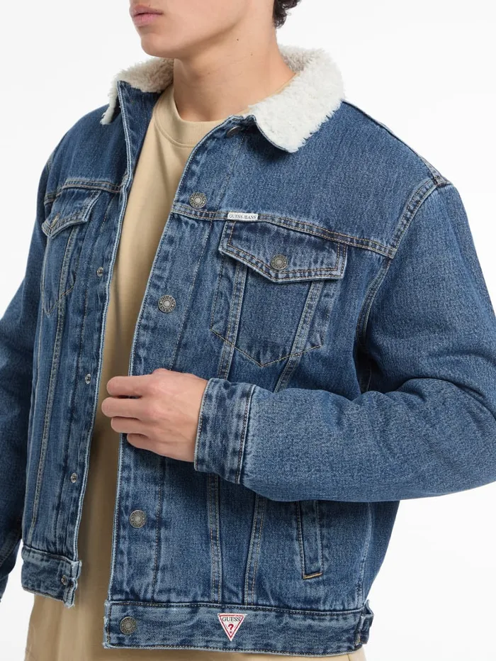 GUESS Men Sherpa Collar Denim Trucker Jacket Blue 8211 Men