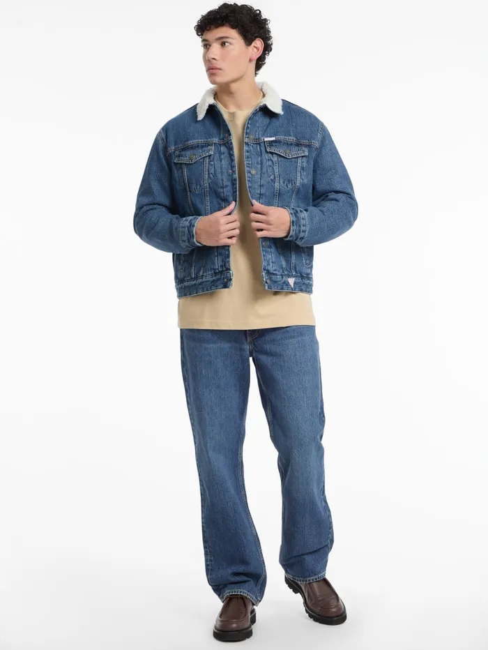 GUESS Men Sherpa Collar Denim Trucker Jacket Blue 8211 Men