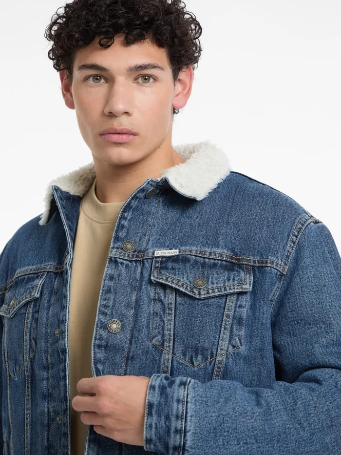 GUESS Men Sherpa Collar Denim Trucker Jacket Blue 8211 Men