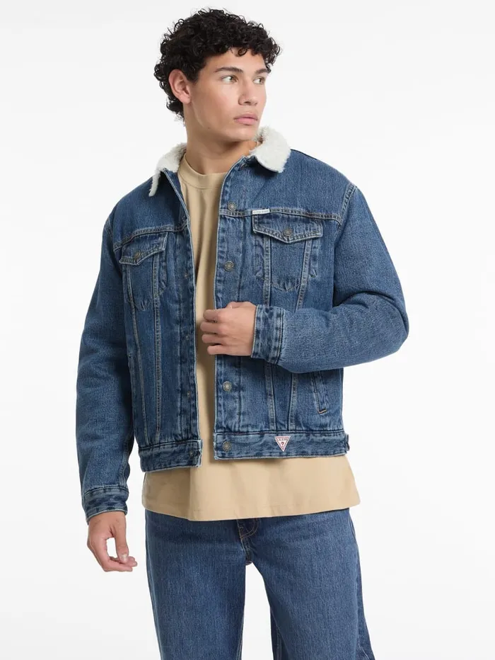 GUESS Men Sherpa Collar Denim Trucker Jacket Blue 8211 Men