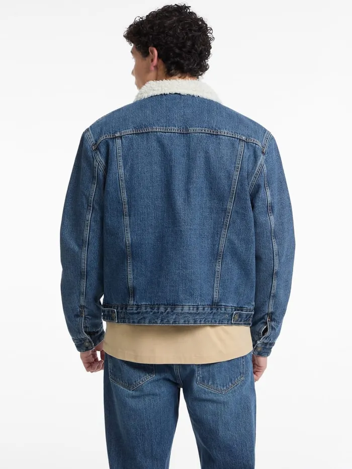 GUESS Men Sherpa Collar Denim Trucker Jacket Blue 8211 Men