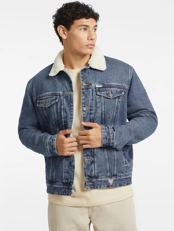 GUESS Men Sherpa Collar Denim Trucker Jacket Blue 8211 Men