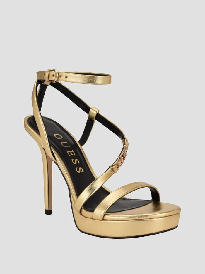 GUESS Shoes Rhinestone Chain Logo Platform Heels Gold 8211 Women