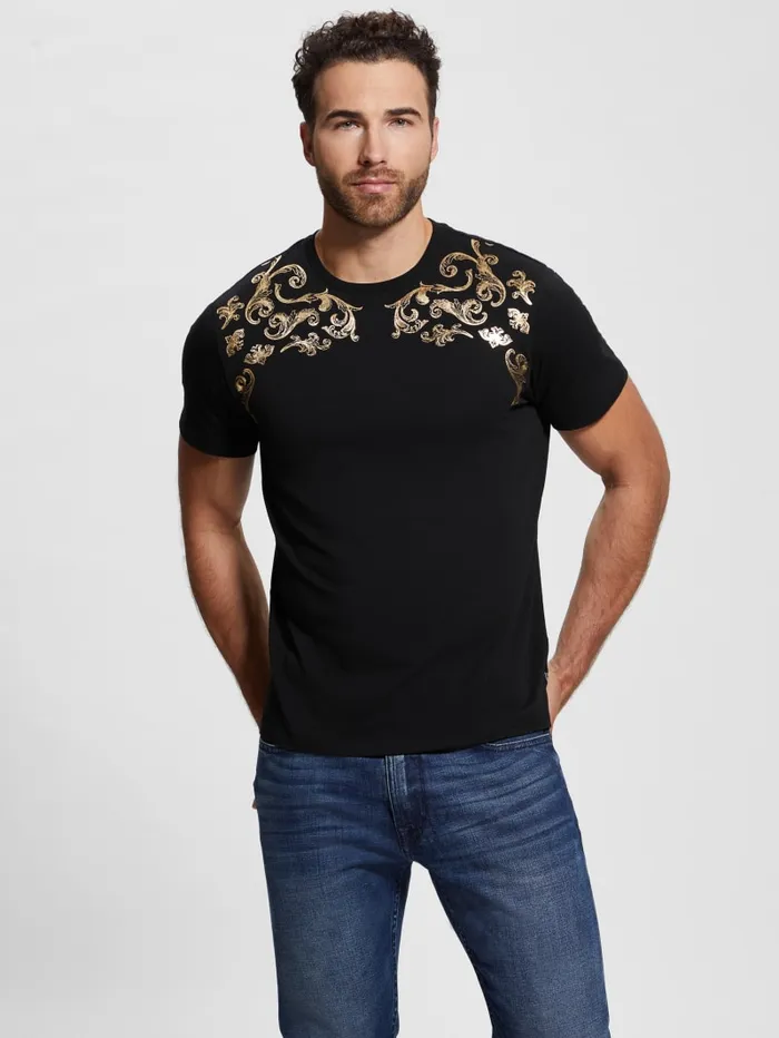 GUESS T Shirts and Tanks Eco Metallic Baroque Tee Black 8211 Men