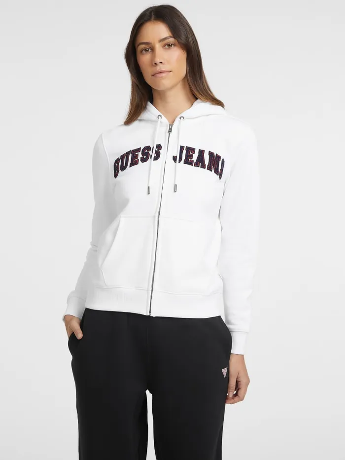 GUESS Tops Chenille Logo Patch ZipUp Sweatshirt White 8211 Women