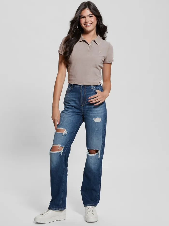 GUESS Tops Eco Cora Crop Pique Polo Beige 8211 Women