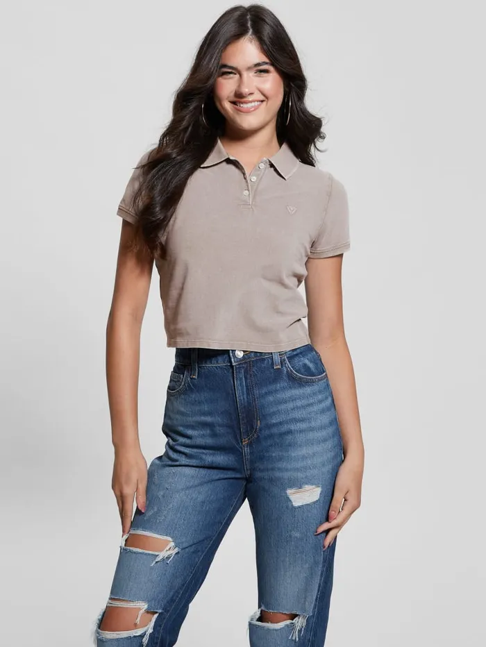 GUESS Tops Eco Cora Crop Pique Polo Beige 8211 Women