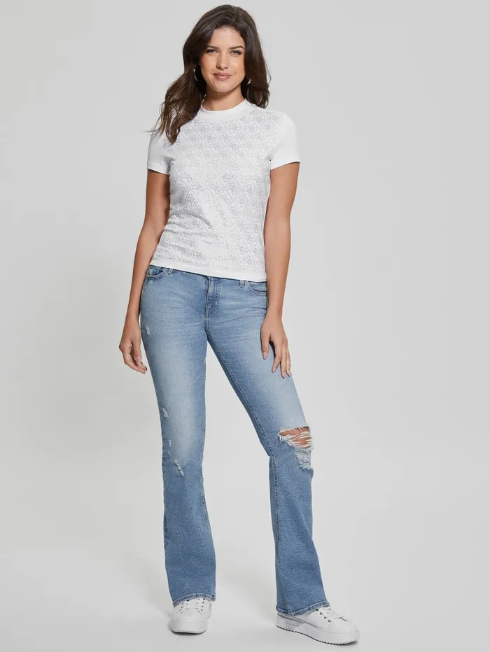 GUESS Tops Rhinestone Quattro G MockNeck Tee White 8211 Women