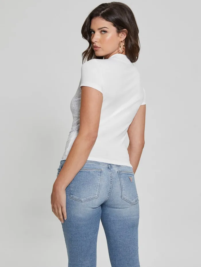GUESS Tops Rhinestone Quattro G MockNeck Tee White 8211 Women