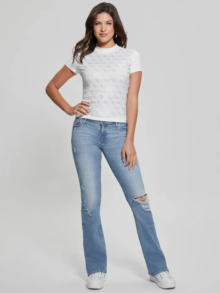 GUESS Tops Rhinestone Quattro G MockNeck Tee White 8211 Women