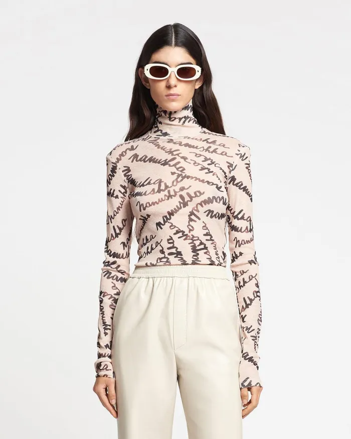 Harri MeshJersey Turtleneck Top Scribble Logo Women Nanushka Tops