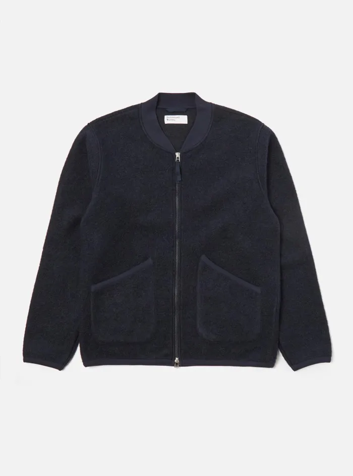 Jackets Men Universal Works Universal Works Zip Bomber In Navy Wool Fleece