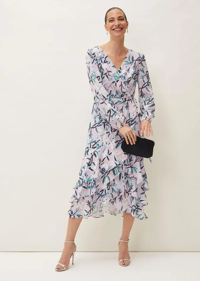 Jenna Floral Long Sleeved VNeck Midi Dress Frosted Heather Women Phase Eight Dresses
