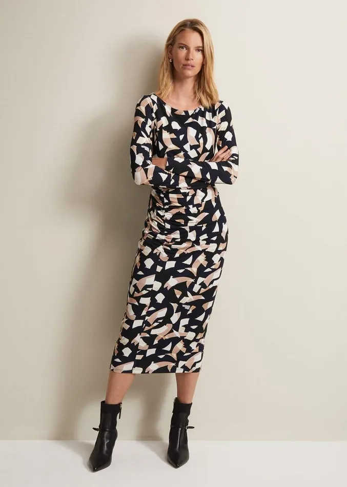 Jordana Geo Ruched Midi Dress Navy Women Phase Eight Dresses