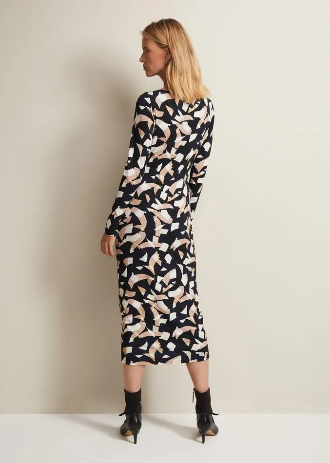 Jordana Geo Ruched Midi Dress Navy Women Phase Eight Dresses