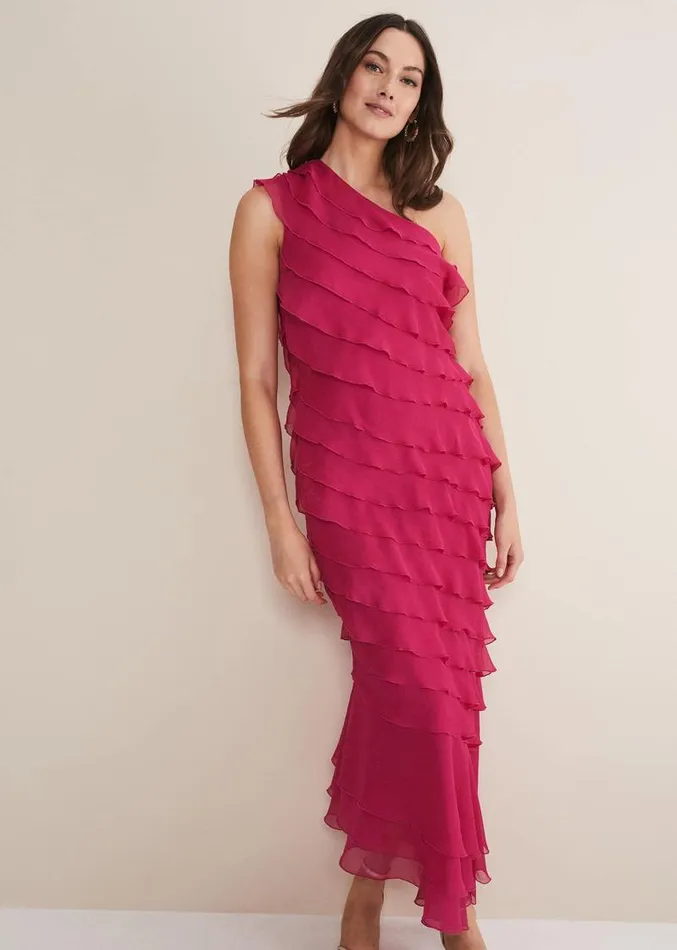 Kelsey Layered One Shoulder Maxi Dress Fuschia Women Phase Eight Dresses