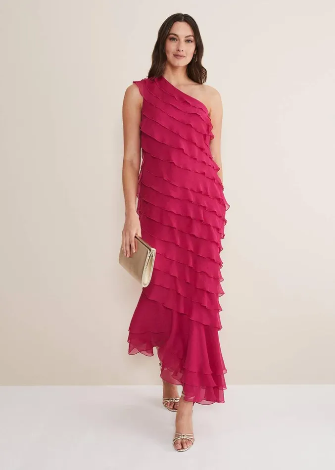 Kelsey Layered One Shoulder Maxi Dress Fuschia Women Phase Eight Dresses
