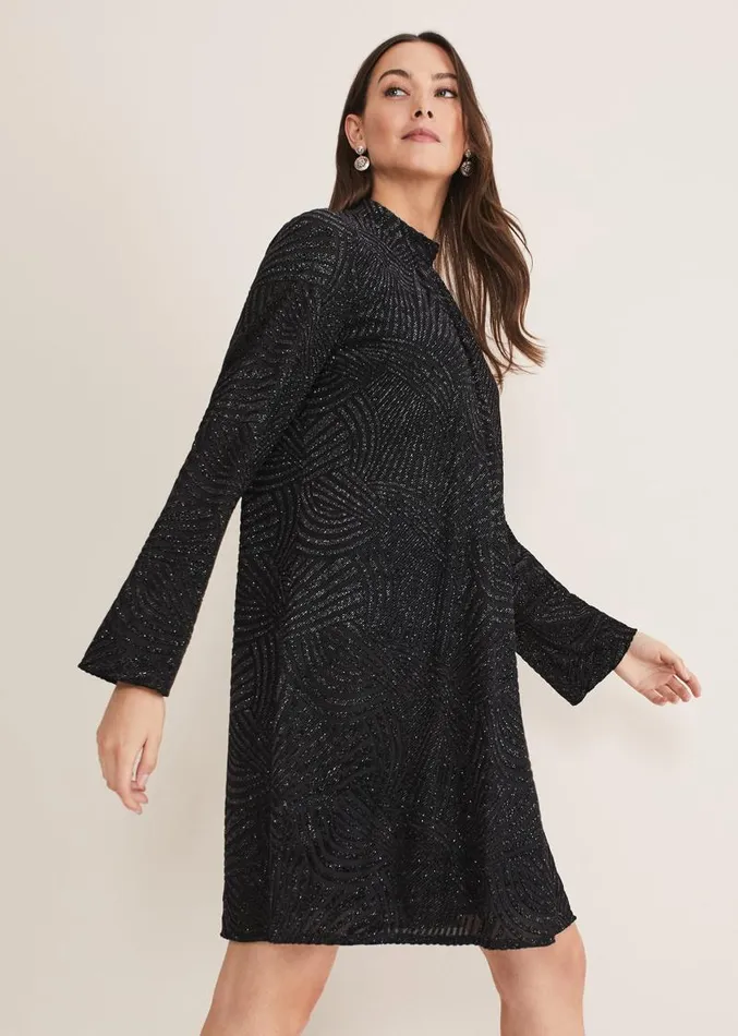Kirsta Flock Velvet Swing Dress Black Women Phase Eight Dresses
