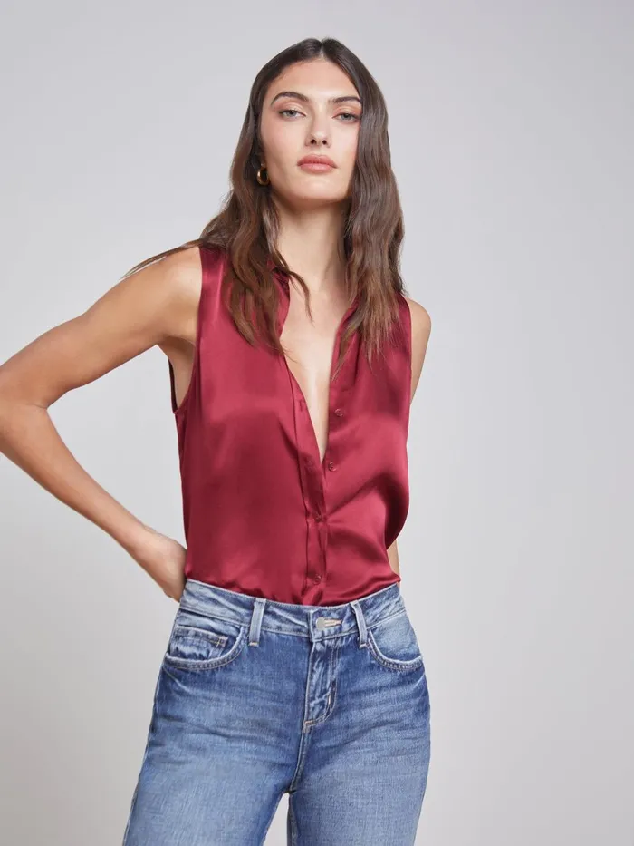 L039Agence Blouses and Tops Women Emmy Sleeveless Silk Blouse Dark Bordeaux