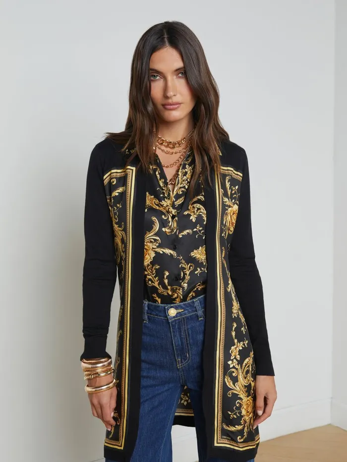 L039Agence Knitwear Women Beverly Silk Panel Cardigan Blackgold Barocco Swirl Scarf