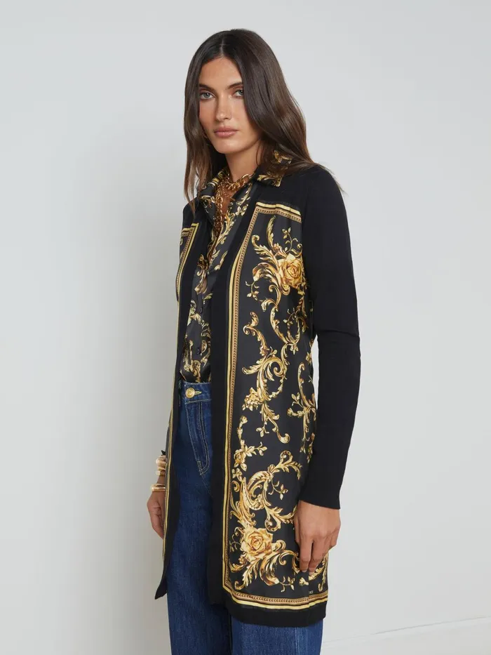 L039Agence Knitwear Women Beverly Silk Panel Cardigan Blackgold Barocco Swirl Scarf L039Agence Knitwear Women Beverly Silk Panel Cardigan Blackgold Barocco Swirl Scarf