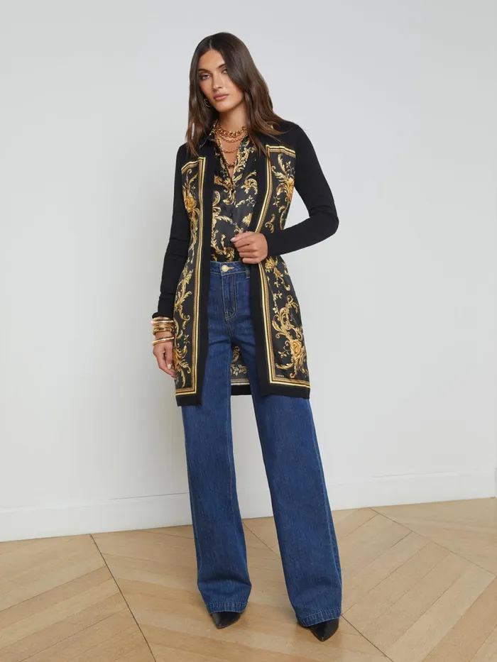 L039Agence Knitwear Women Beverly Silk Panel Cardigan Blackgold Barocco Swirl Scarf L039Agence Knitwear Women Beverly Silk Panel Cardigan Blackgold Barocco Swirl Scarf