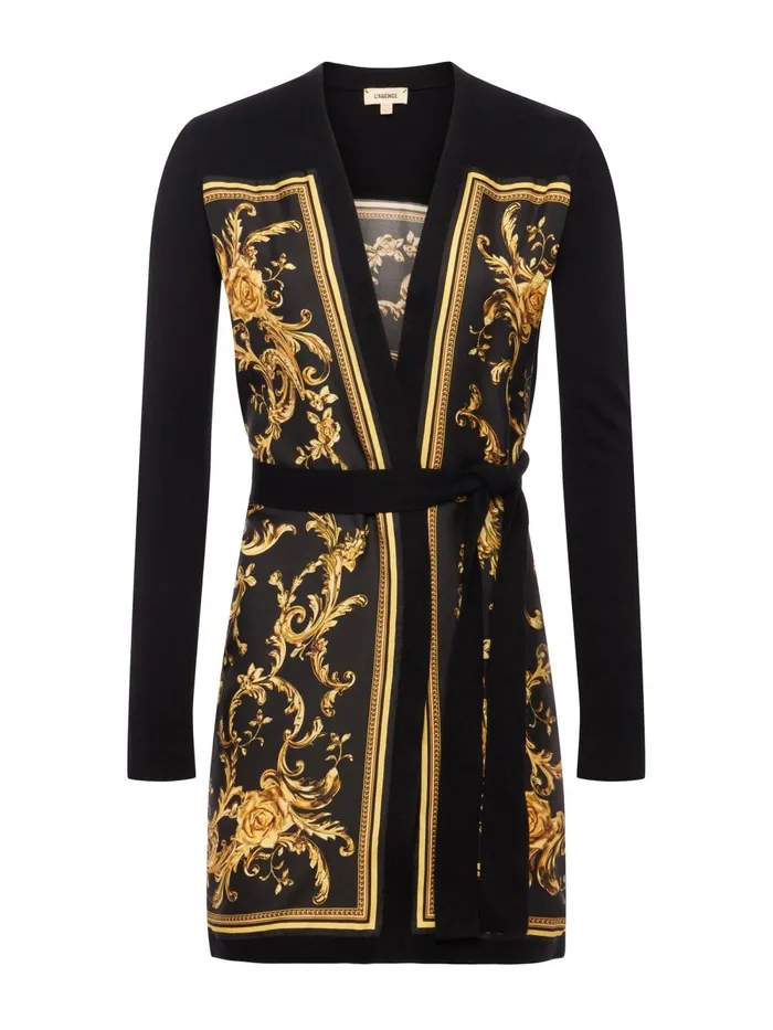 L039Agence Knitwear Women Beverly Silk Panel Cardigan Blackgold Barocco Swirl Scarf L039Agence Knitwear Women Beverly Silk Panel Cardigan Blackgold Barocco Swirl Scarf