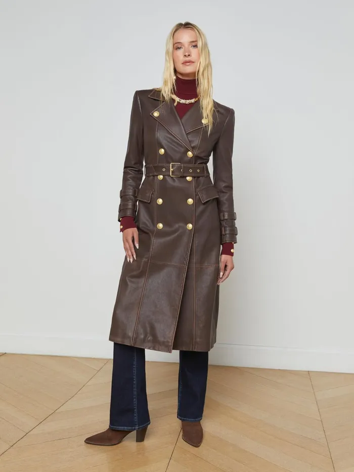 L039Agence Outerwear Women Celina Leather Trench Coat Chocolate