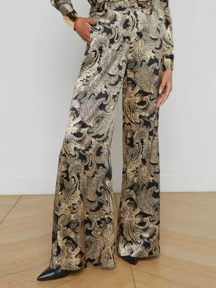 L039Agence Pants Women Pilar Silk WideLeg Pant Gold Multi Textured Paisley