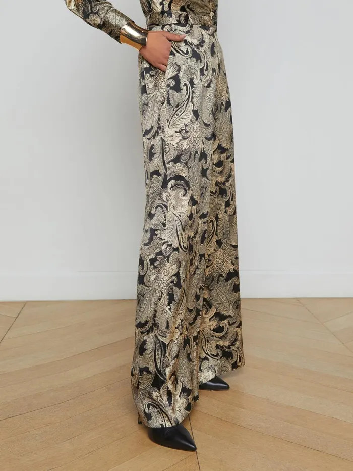 L039Agence Pants Women Pilar Silk WideLeg Pant Gold Multi Textured Paisley