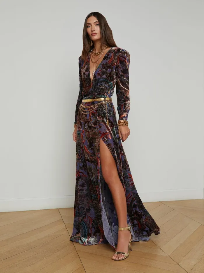 L039Agence Skirts Women Luca Velvet Maxi Skirt Dark Periwinkle Multi French Paisley