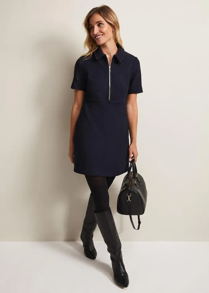 Lana Tweed Zip Tunic Mini Dress Navy Women Phase Eight Dresses