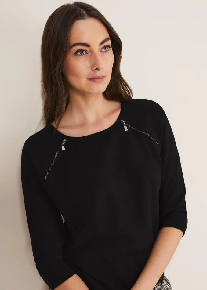 Lolan Zip Trim Knit Jumper Black Women Phase Eight Knitwear