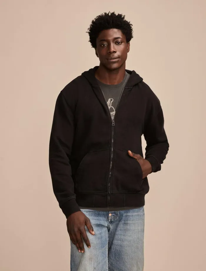 Lucky Brand Activewear Men Relaxed Fleece Zip Hoodie Jet Black