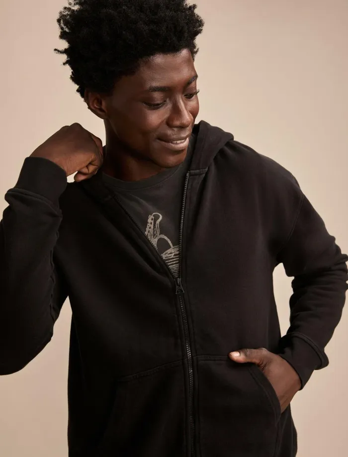 Lucky Brand Activewear Men Relaxed Fleece Zip Hoodie Jet Black