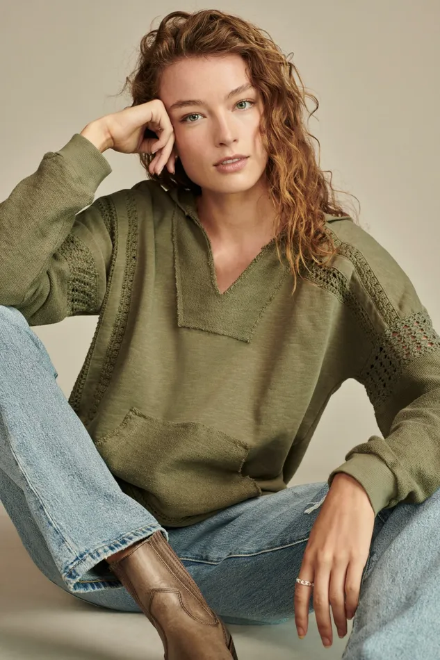 Lucky Brand Activewear Women Crochet Trim Baja Hoodie Dusty Olive