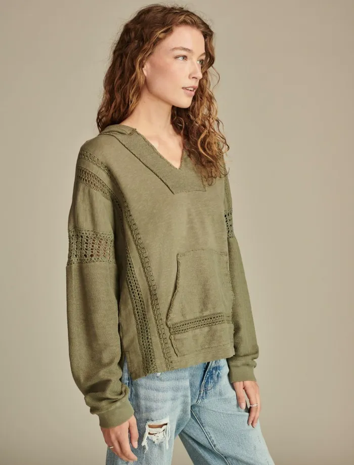 Lucky Brand Activewear Women Crochet Trim Baja Hoodie Dusty Olive