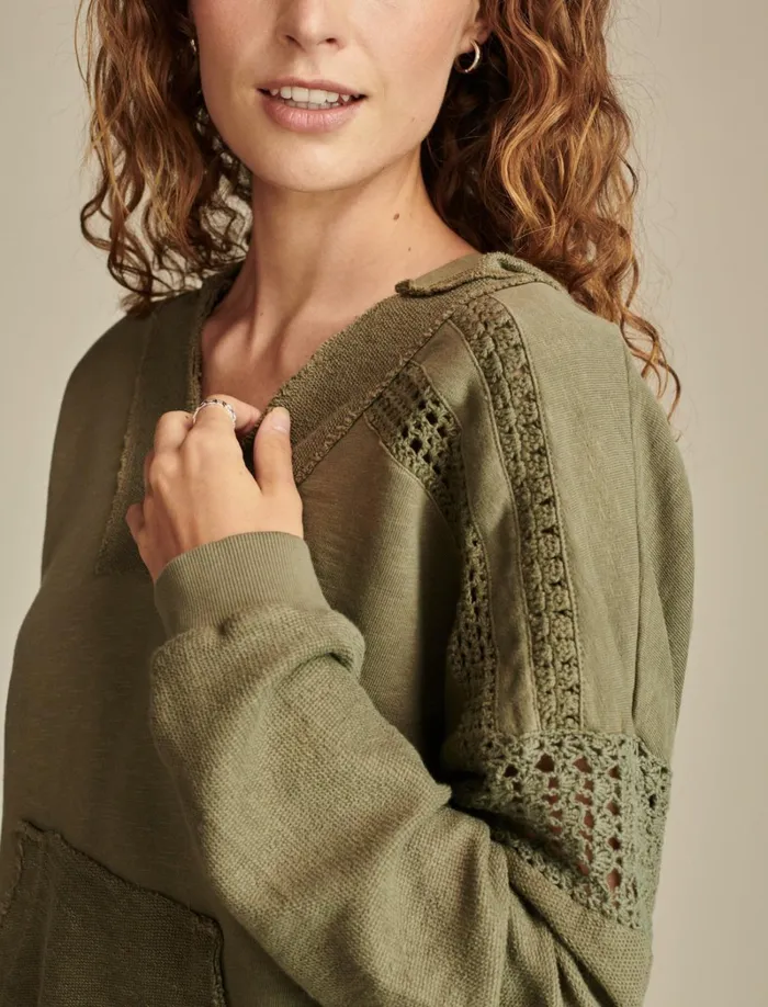 Lucky Brand Activewear Women Crochet Trim Baja Hoodie Dusty Olive