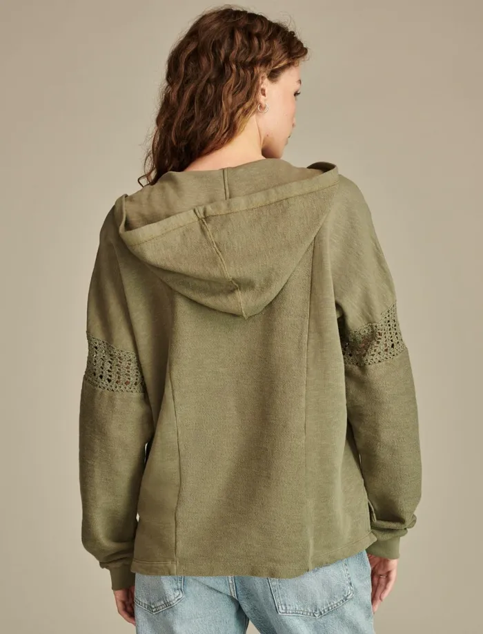 Lucky Brand Activewear Women Crochet Trim Baja Hoodie Dusty Olive