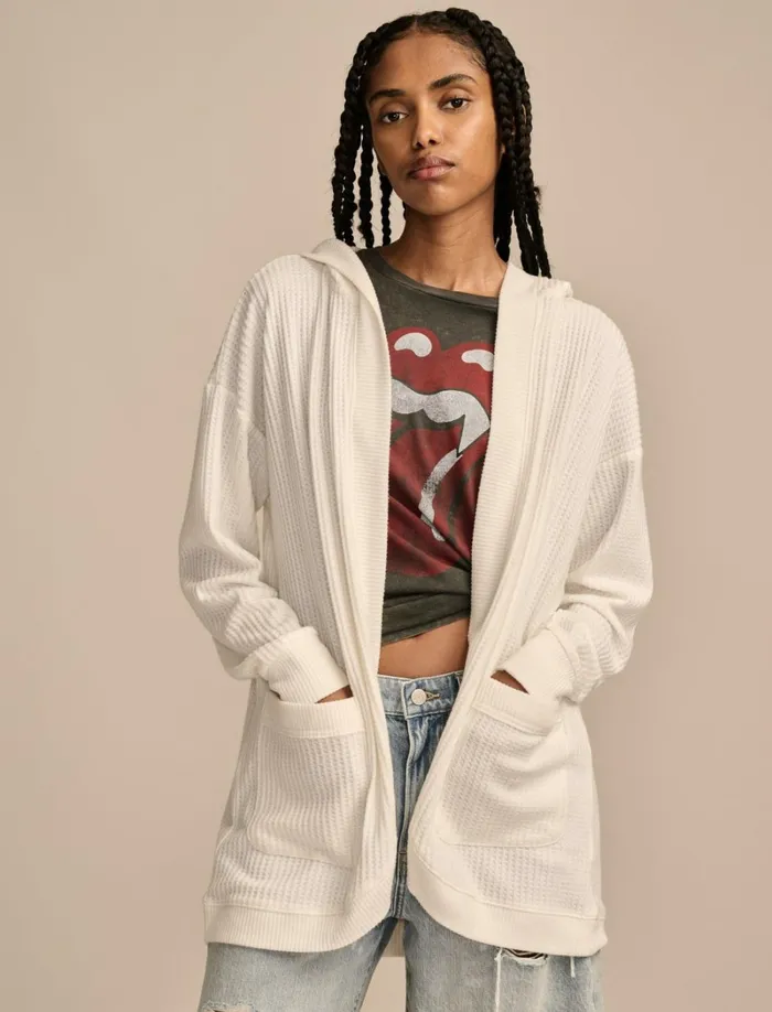 Lucky Brand Activewear Women Waffle Knit Shawl Hoodie Whisper White