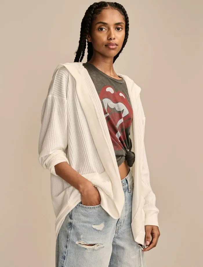 Lucky Brand Activewear Women Waffle Knit Shawl Hoodie Whisper White