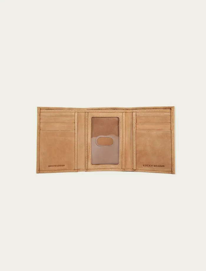 Lucky Brand Bags and Wallets Men Flag Embossed Leather Trifold Wallet Medium Brown