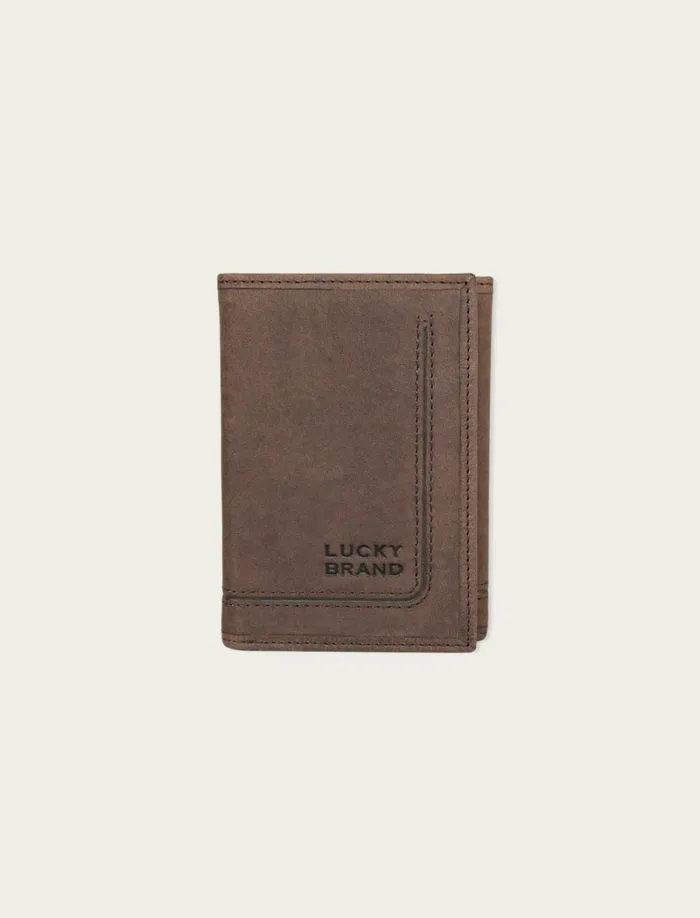 Lucky Brand Bags and Wallets Men Grooved Leather Trifold Wallet Dark Brown