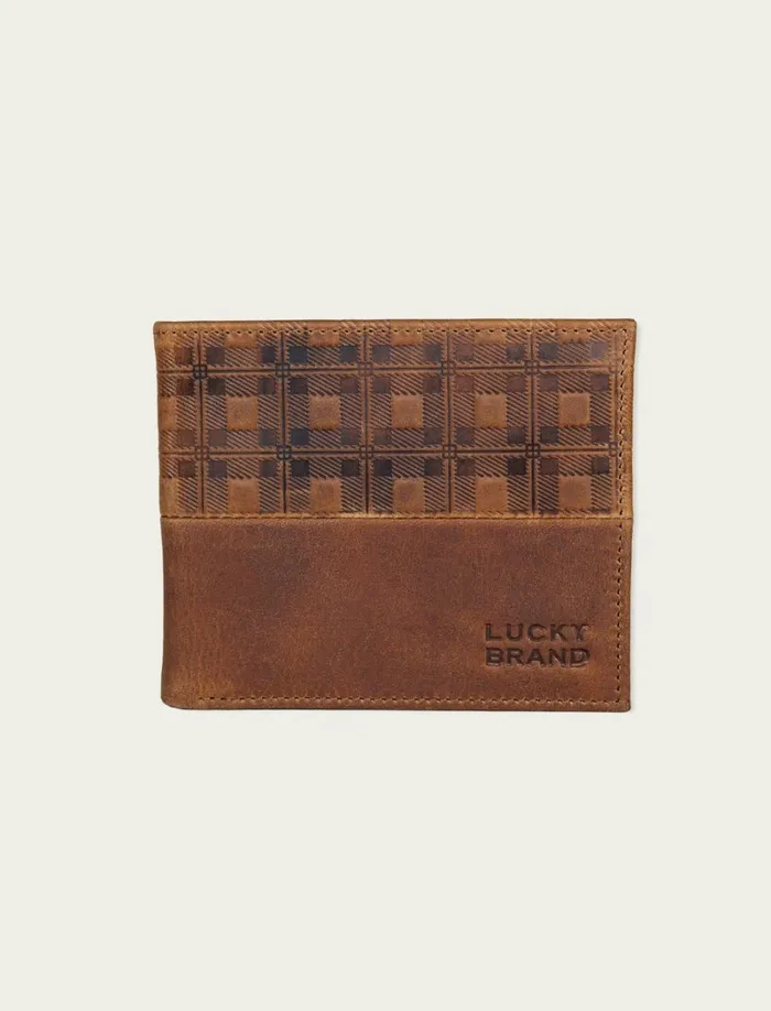 Lucky Brand Bags and Wallets Men Plaid Embossed Leather Bifold Wallet Dark Brown